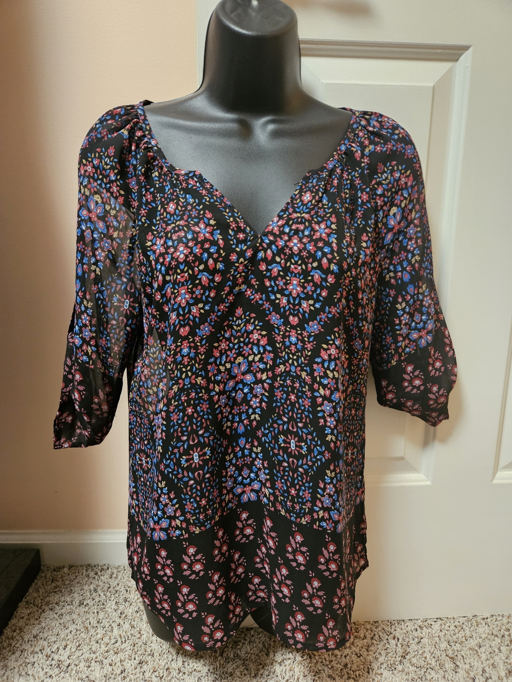 fun 2 fun Black Floral V-Neck Tunic with Pink and Blue Flowers